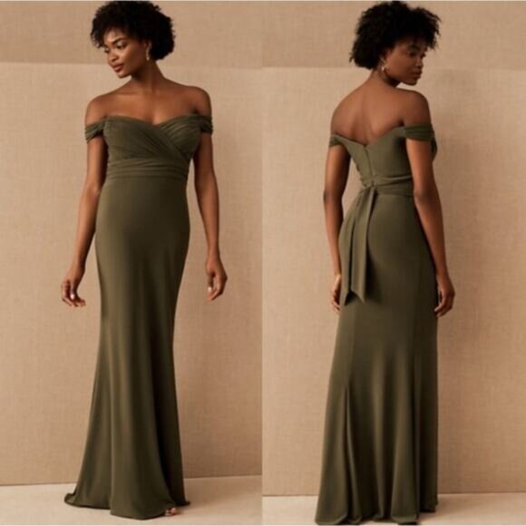 BHLDN by Anthropologie NWT Racine Off-the-Shoulder Olive Green Maxi Dress Size 8 - Picture 1 of 10
